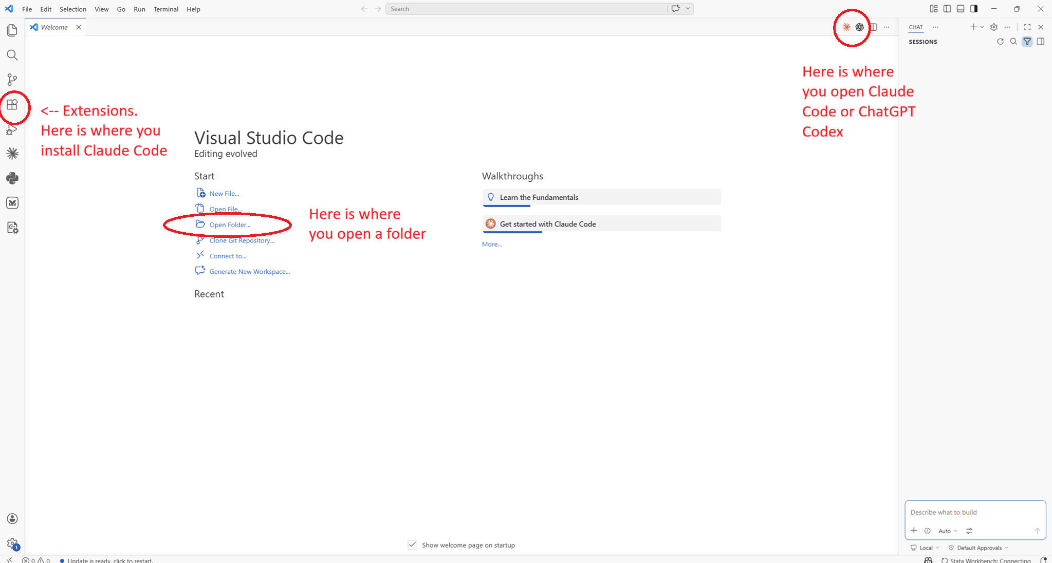 VS Code welcome screen with Extensions panel, Open Folder, and Claude Code icon highlighted