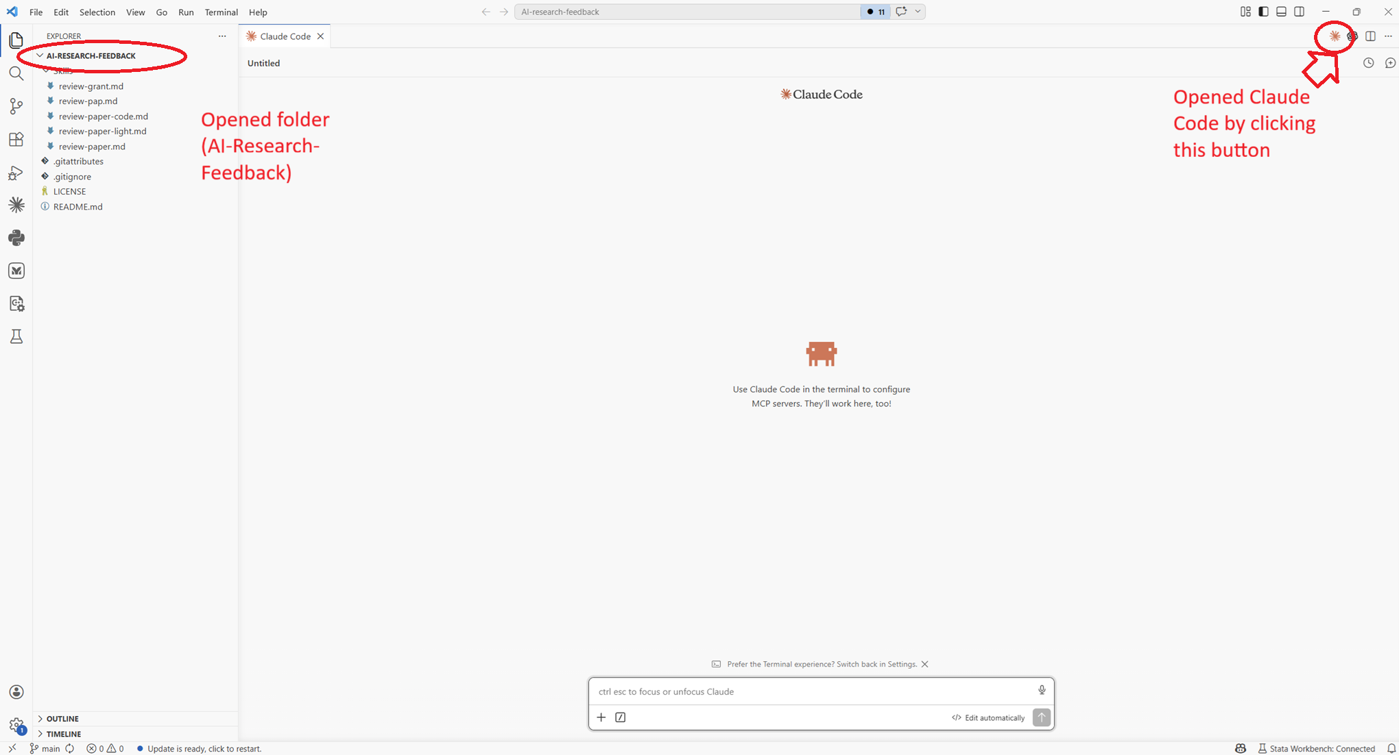 VS Code with a project folder opened on the left and the Claude Code panel opened on the right