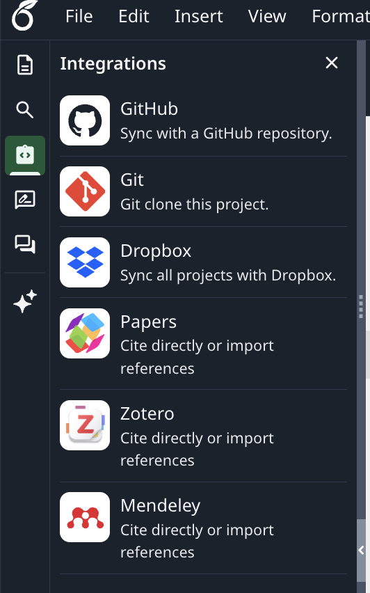 Overleaf Menu showing the Sync to GitHub option